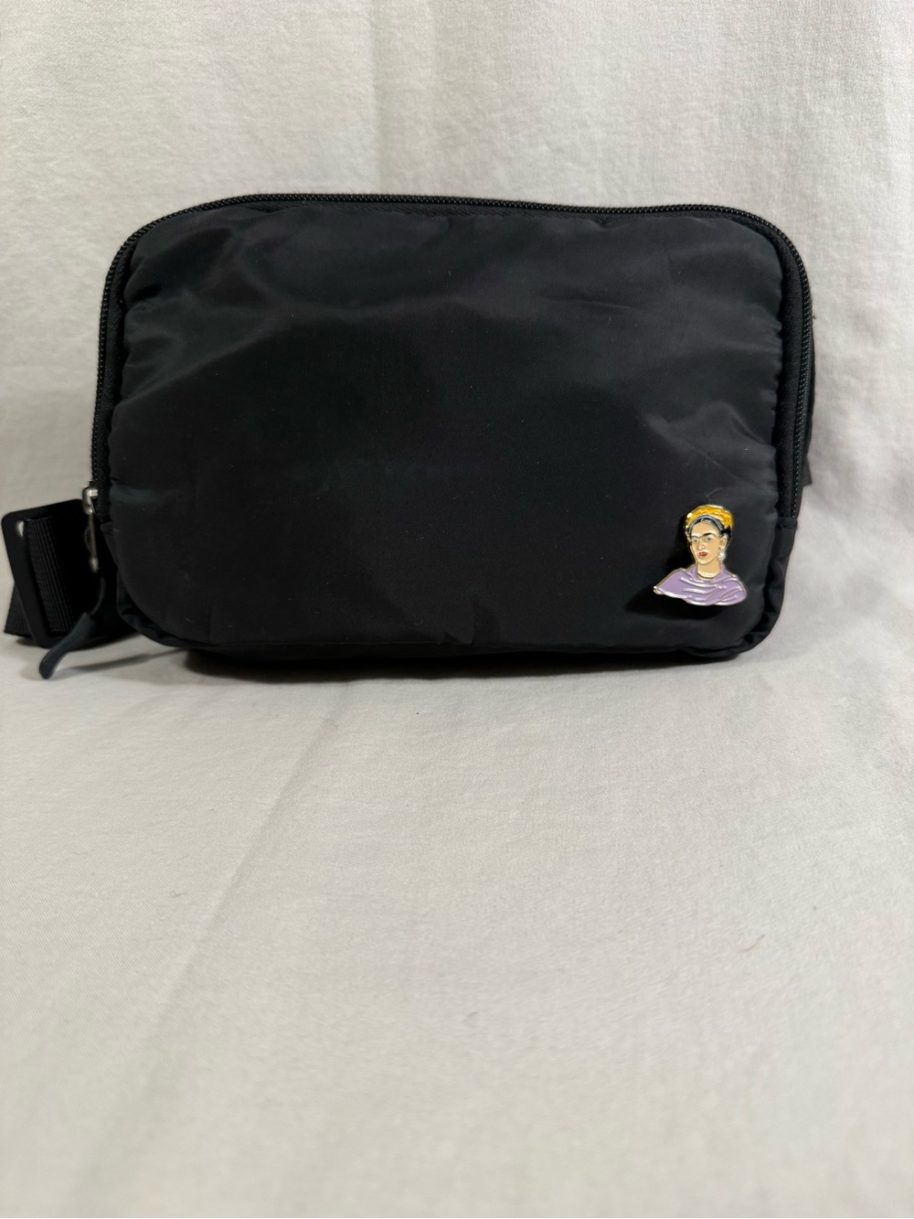 Black Nylon Crossbody Pouch with Frida Kahlo Pin